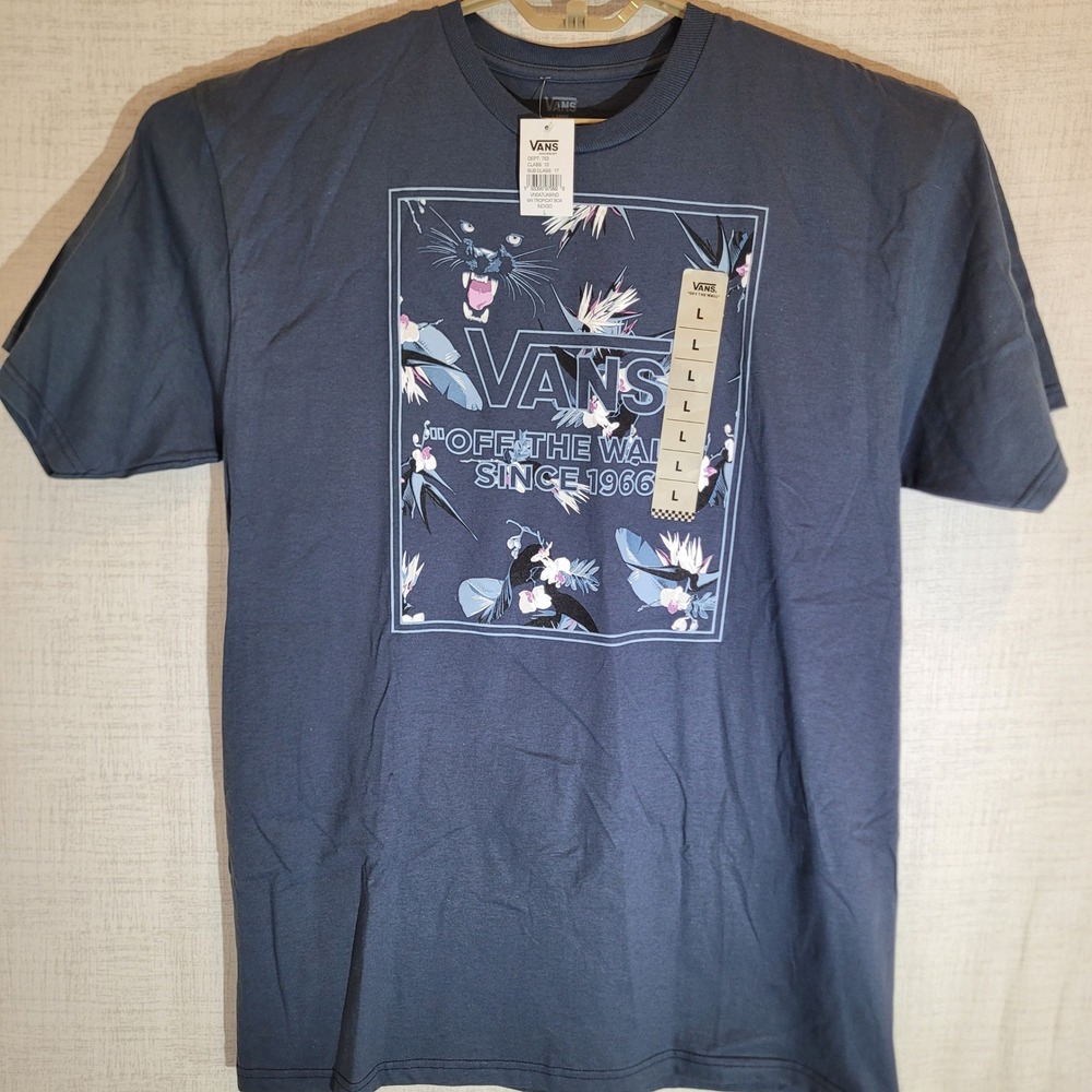 Vans T-Shirt TropiCat Box Graphic Print Short Sleeve T Shirt Mens L Blue New NWT